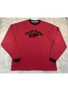 Men's Long Sleeve Tee Red  2XL "PHAT FARM" VINTAGE %100 Cotton Heavy Fabric NWT